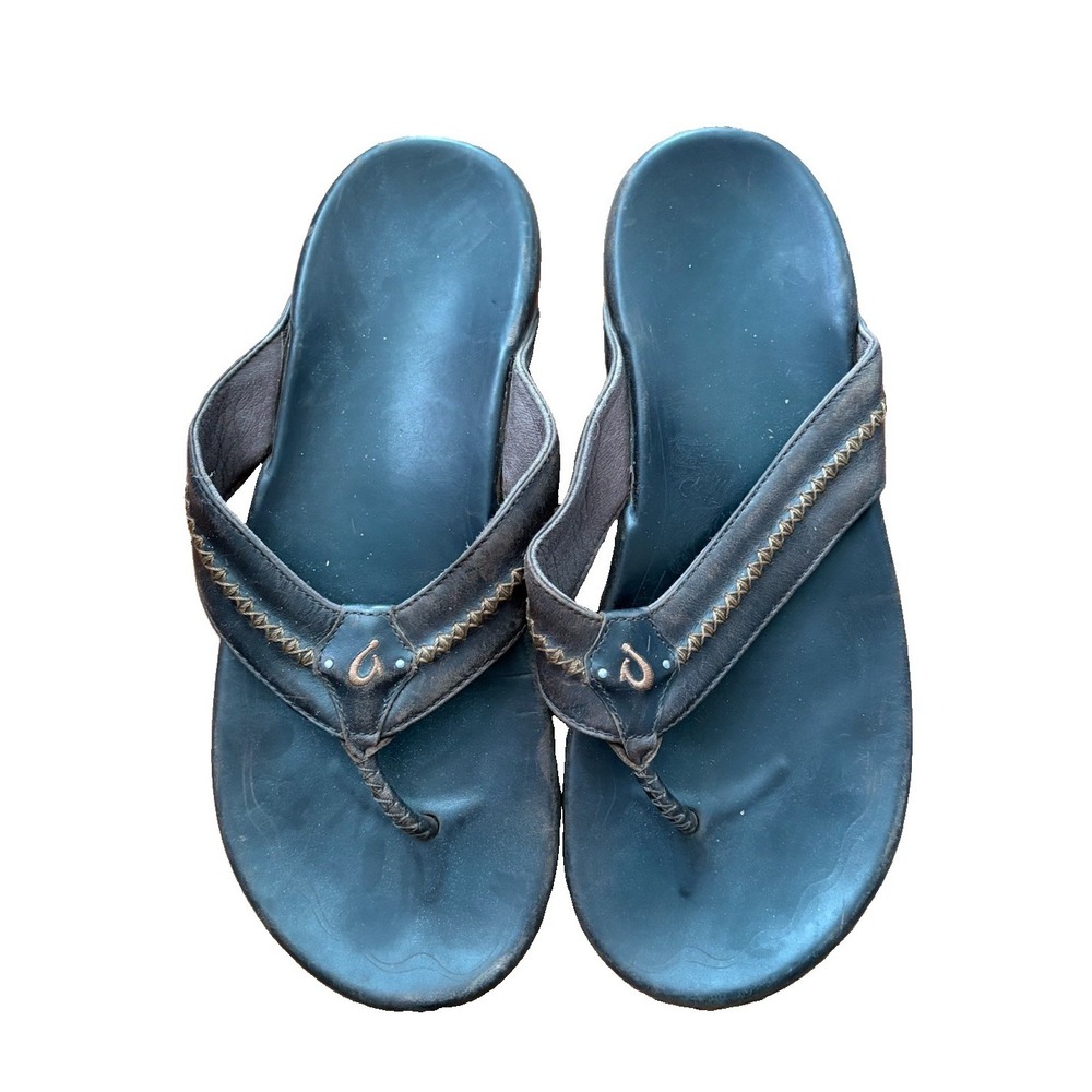 OluKai Mea Ola Sandals Mens 13 EUR 46 Brown Leather Thong Flip Flop 10138-4848
